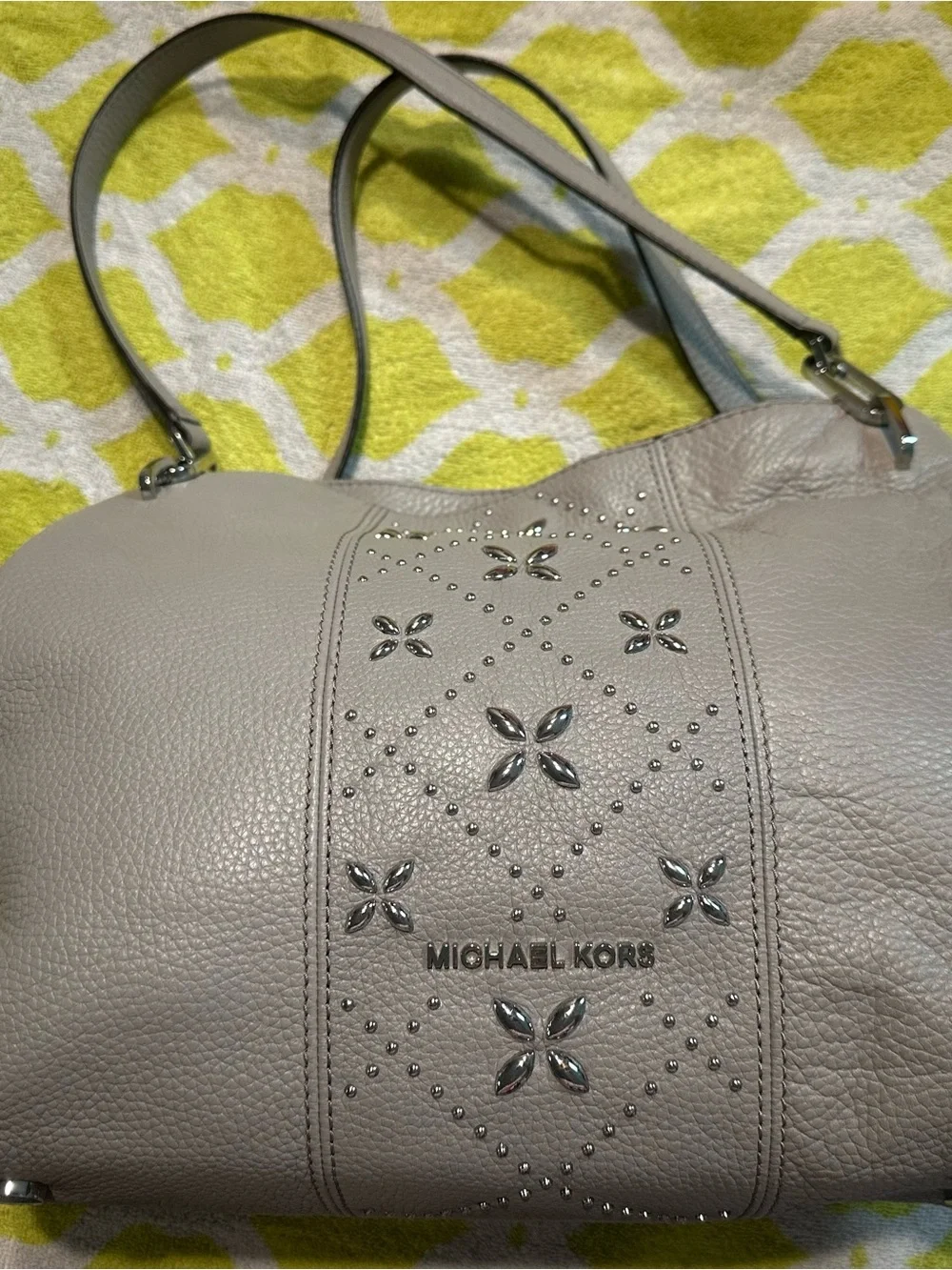 Michael Kors Light Taupe Leather Shoulder Bag with Studded Floral Accents